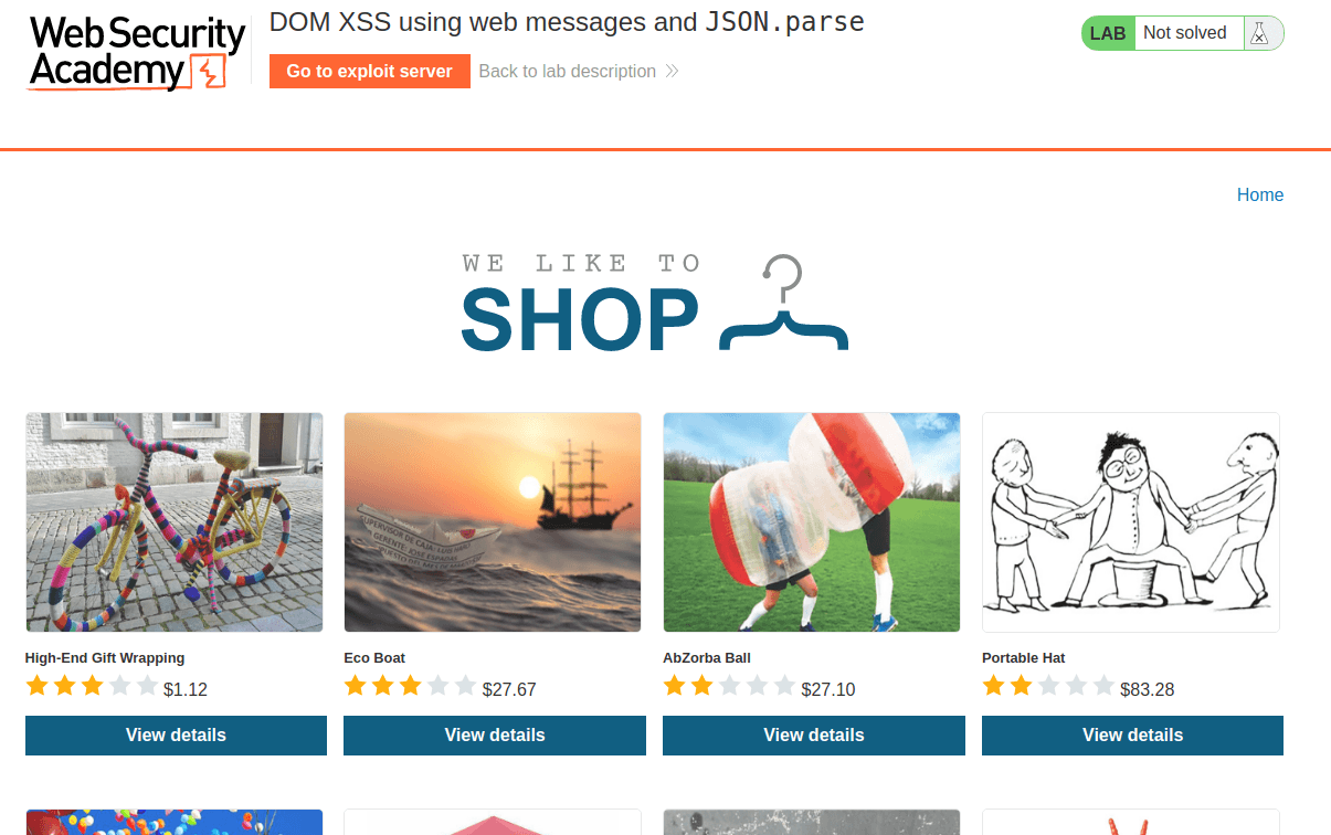 DOM XSS using web messages and JSON.parse - Portswigger